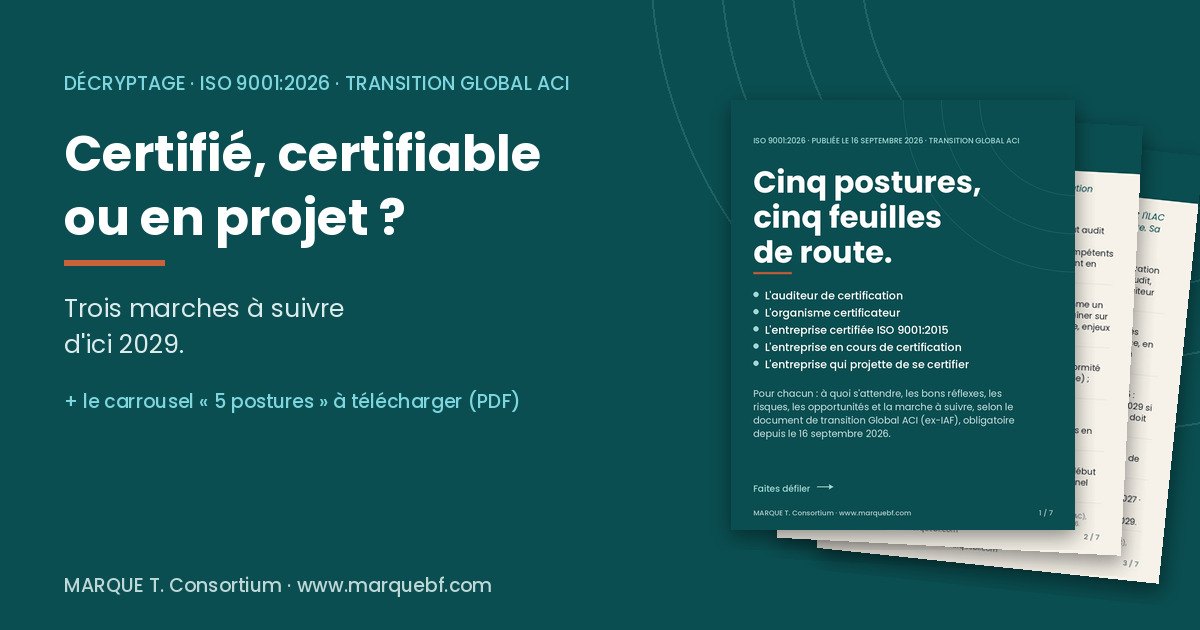 Carrousel MARQUE « ISO 9001:2026 : cinq postures, cinq feuilles de route » et titre de l'article : certifié, certifiable ou en projet ?