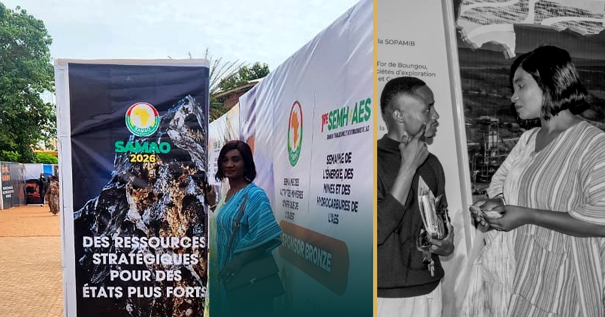 MARQUE T. Consortium au SAMAO 2026 à Ouagadougou : devant le kakemono « Des ressources stratégiques pour des États plus forts » et au stand de la SOPAMIB